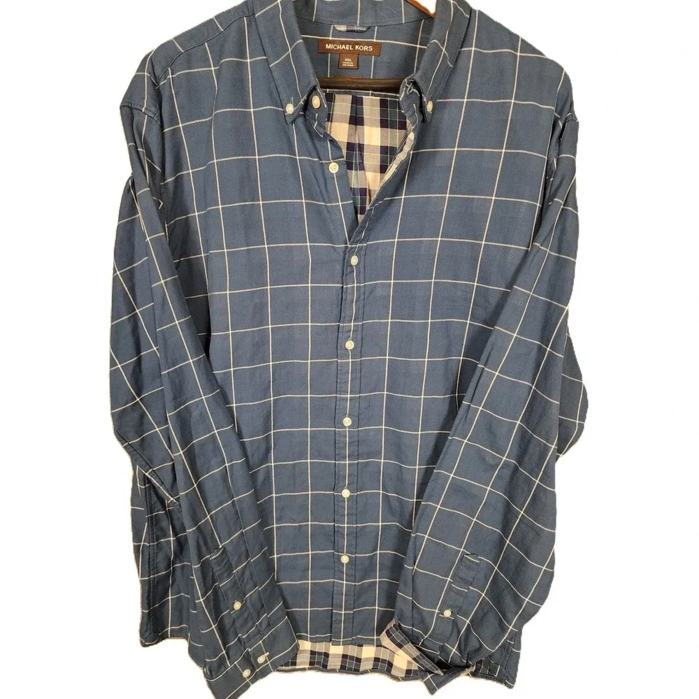 Michael Kors‎ Mens XXL Slim Fit Blue Check Button Down Shirt Long Sleeve